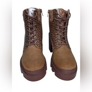 NWOT Steve Madden Aryn Brown Lace Up Zipper Boots Quilted Chunky Geometric Sz 6